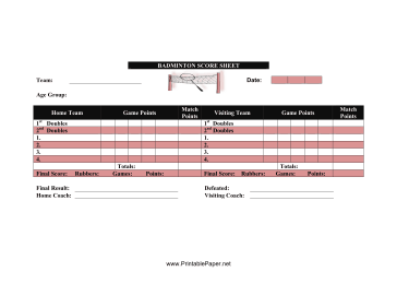 Printable Badminton Score Sheet