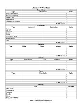 Bankruptcy Assets Worksheet