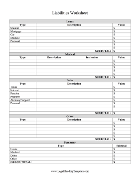 Bankruptcy Liabilities Worksheet