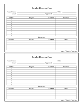 Printable Baseball Lineup Card