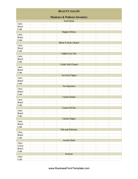 Beauty Salon Manicure And Pedicure Inventory Card