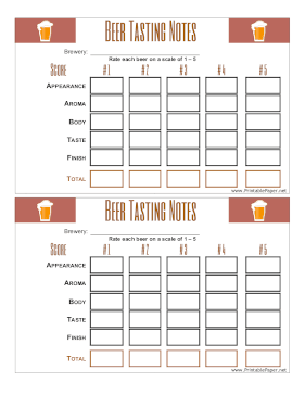 Printable Beer Tasting Score Card