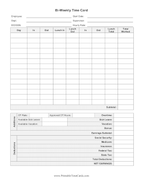 Bi-Weekly Time Card With Deductions