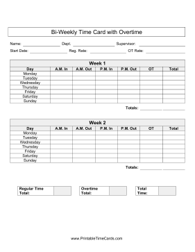 Bi-Weekly Time Card With Overtime