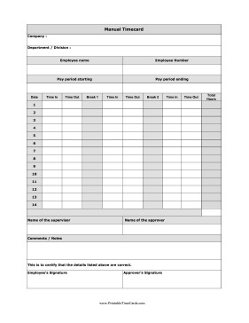 Biweekly Time Card Two Breaks