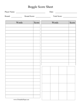 Printable Boggle Score Sheet