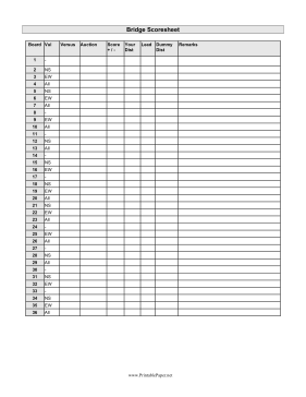 Printable Bridge Scoresheet