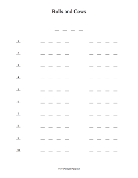 Printable Bulls and Cows Game