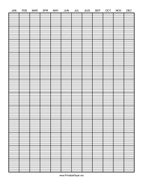 Printable Calendar - 1 Year by Months - 120 Divisions with Index Lines