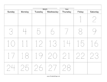 Printable Handwriting Calendar - 28 Day - Friday