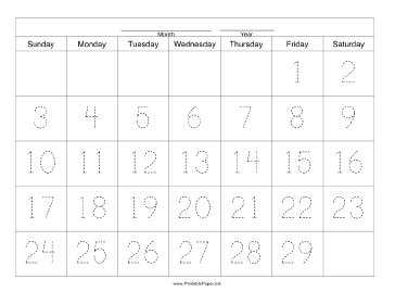 Printable Handwriting Calendar - 29 Day - Friday