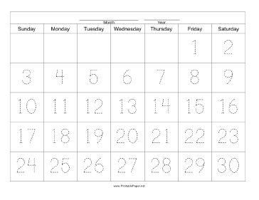 Printable Handwriting Calendar - 30 Day - Friday