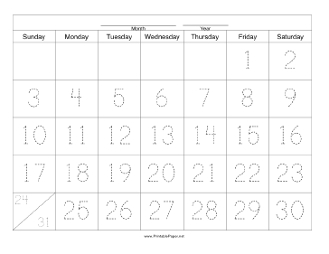 Printable Handwriting Calendar - 31 Day - Friday