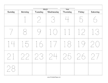 Printable Handwriting Calendar - 28 Day - Monday