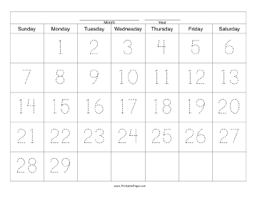 Printable Handwriting Calendar - 29 Day - Monday