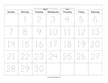 Printable Handwriting Calendar - 30 Day - Monday