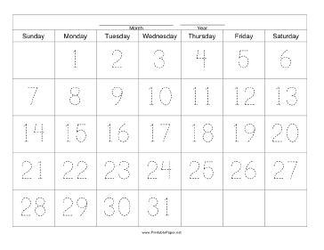 Printable Handwriting Calendar - 31 Day - Monday