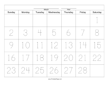 Printable Handwriting Calendar - 28 Day - Saturday