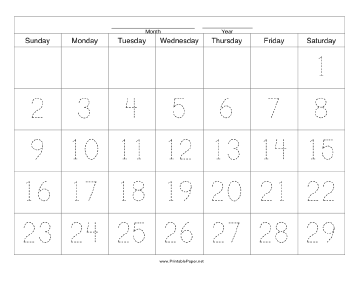 Printable Handwriting Calendar - 29 Day - Saturday