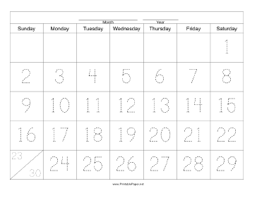 Printable Handwriting Calendar - 30 Day - Saturday