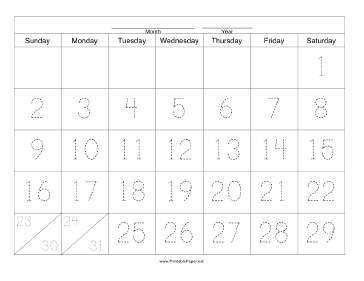 Printable Handwriting Calendar - 31 Day - Saturday