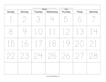 Printable Handwriting Calendar - 28 Day - Sunday