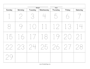 Printable Handwriting Calendar - 29 Day - Sunday