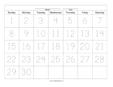 Printable Handwriting Calendar - 30 Day - Sunday