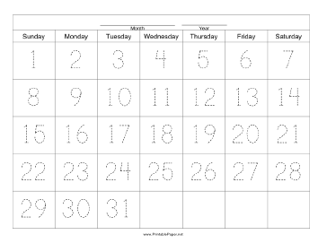 Printable Handwriting Calendar - 31 Day - Sunday