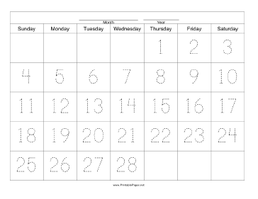 Printable Handwriting Calendar - 28 Day - Thursday