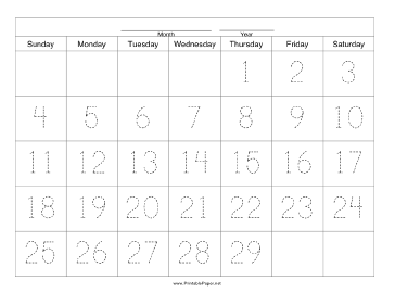 Printable Handwriting Calendar - 29 Day - Thursday