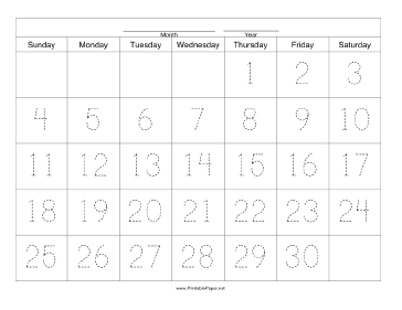 Printable Handwriting Calendar - 30 Day - Thursday