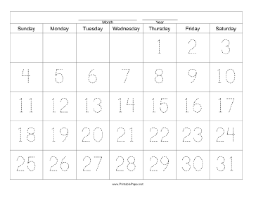 Printable Handwriting Calendar - 31 Day - Thursday