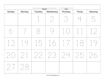 Printable Handwriting Calendar - 28 Day - Tuesday