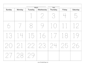 Printable Handwriting Calendar - 29 Day - Tuesday