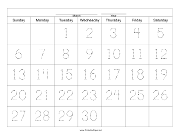 Printable Handwriting Calendar - 30 Day - Tuesday