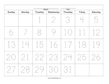 Printable Handwriting Calendar - 31 Day - Tuesday