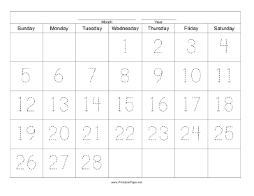 Printable Handwriting Calendar - 28 Day - Wednesday