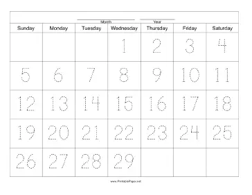 Printable Handwriting Calendar - 29 Day - Wednesday