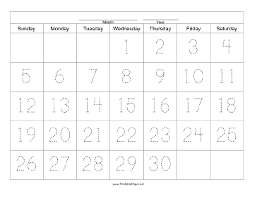 Printable Handwriting Calendar - 30 Day - Wednesday