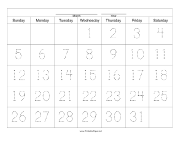 Printable Handwriting Calendar - 31 Day - Wednesday