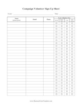 Campaign Volunteer Sign Up Sheet