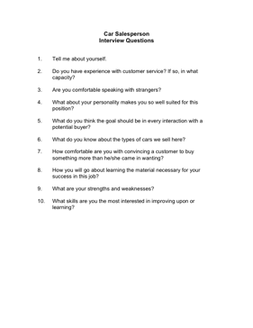 Car Salesperson Interview Questions