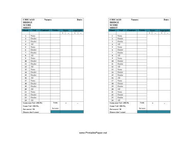 Printable Chicago Bridge Score Sheet