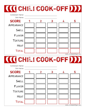 Printable Chili Cook-Off Score Card