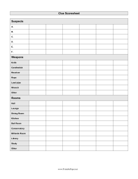 Printable Clue Scoresheet