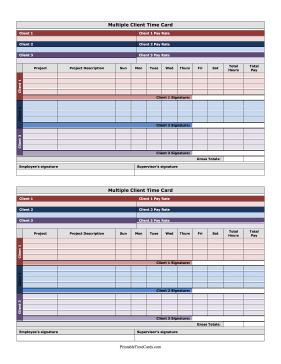 Colorful Multiple Client Time Card Horizontal