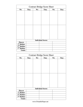 Printable Contract Bridge Score Sheet