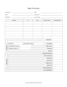 Daily Time Card With Deductions