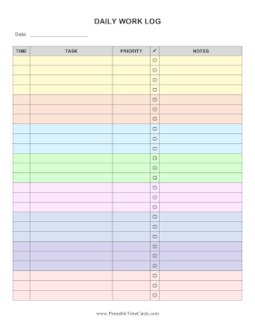 Daily Work Log Color Time Card